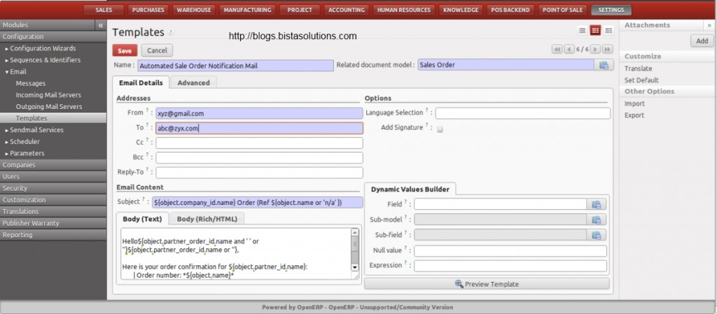 Odoo ERP sale order mail