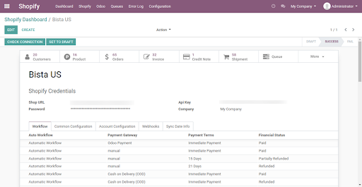 Odoo Shopify Integration & connector dashboard