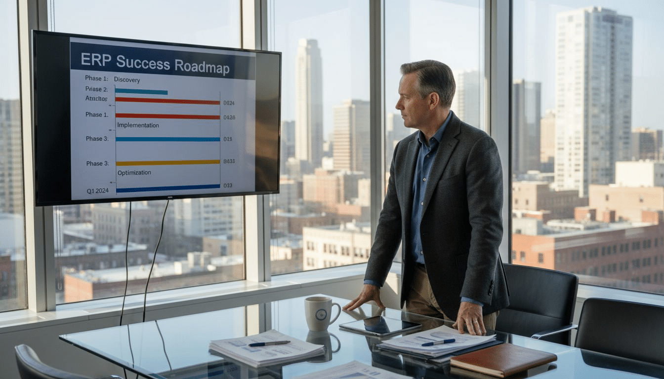 Executive standing in ERP project workspace