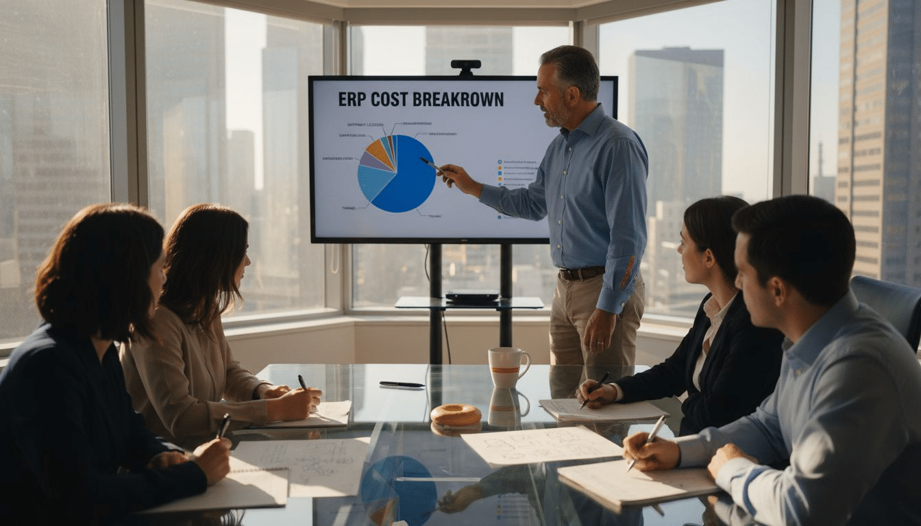 CFO presenting ERP cost breakdown in office meeting